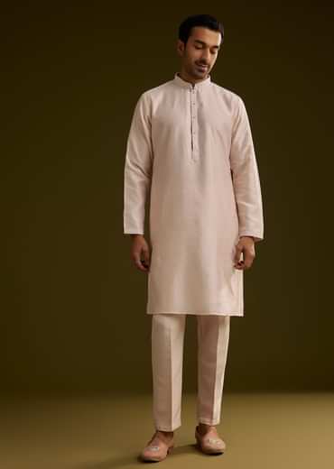 Peach Cotton Silk Kurta Set With Geometric Threadwork Jacket