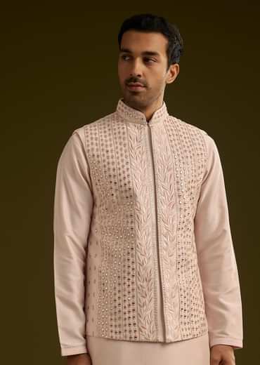 Peach Cotton Silk Kurta With Mirror Threadwork Jacket