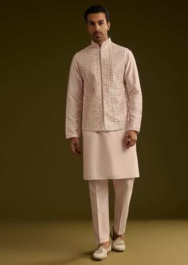 Peach Cotton Silk Kurta With Mirror Threadwork Jacket
