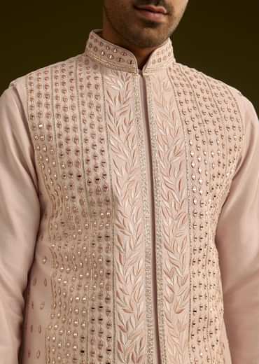 Peach Cotton Silk Kurta With Mirror Threadwork Jacket