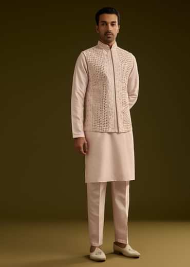 Peach Cotton Silk Kurta With Mirror Threadwork Jacket