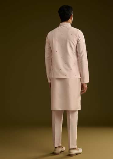 Peach Cotton Silk Kurta With Mirror Threadwork Jacket