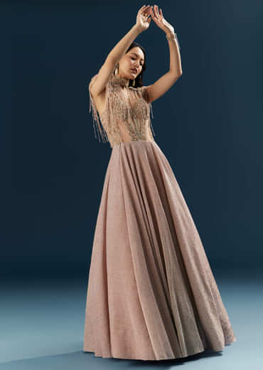 Peach Crepe Bridal Gown With Heavy Embroidery