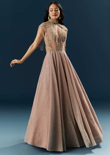 Peach Crepe Bridal Gown With Heavy Embroidery