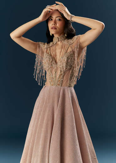 Peach Crepe Bridal Gown With Heavy Embroidery