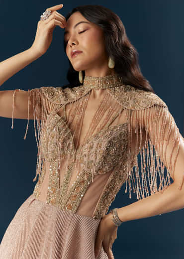 Peach Crepe Bridal Gown With Heavy Embroidery