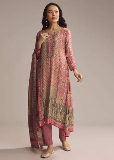 Peach Crepe Kurta Set With Floral Print