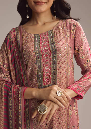 Peach Crepe Kurta Set With Floral Print
