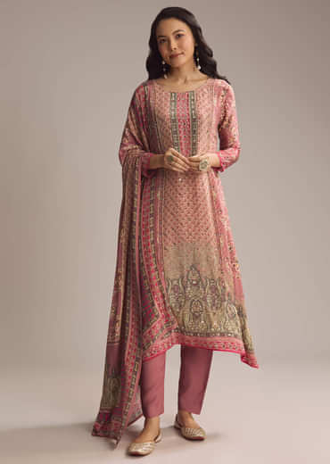 Peach Crepe Kurta Set With Floral Print
