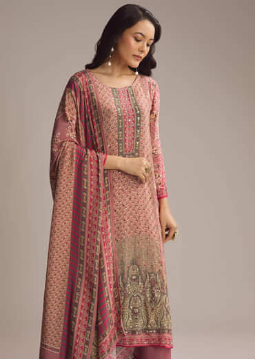 Peach Crepe Kurta Set With Floral Print
