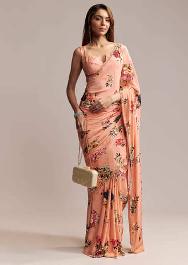 Peach Crepe Saree With Digital Print And Sequins Embroidery