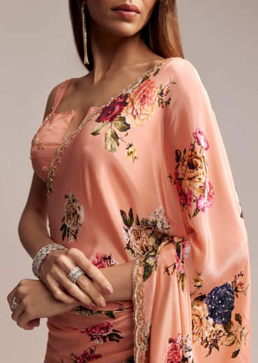 Peach Crepe Saree With Digital Print And Sequins Embroidery