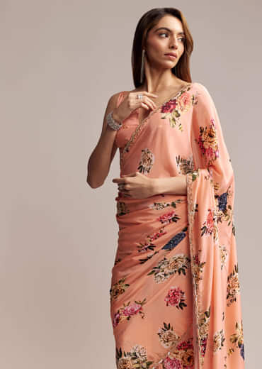 Peach Crepe Saree With Digital Print And Sequins Embroidery