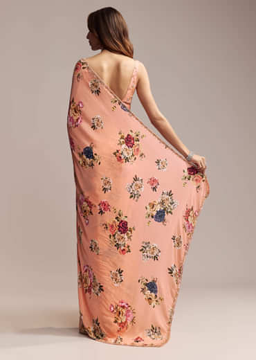 Peach Crepe Saree With Digital Print And Sequins Embroidery