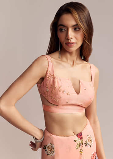 Peach Crepe Saree With Digital Print And Sequins Embroidery