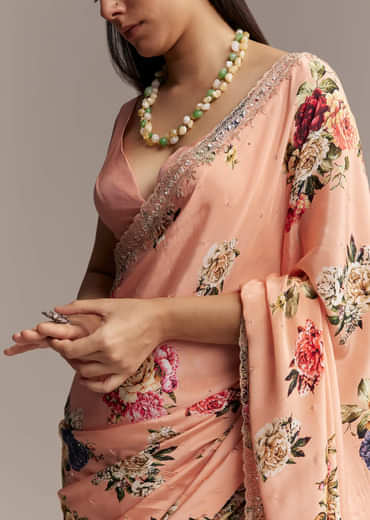 Peach Crepe Saree With Multicolor Floral Print And Embroidered Border