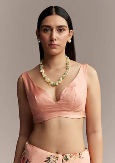 Peach Crepe Saree With Multicolor Floral Print And Embroidered Border