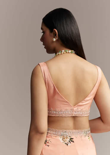 Peach Crepe Saree With Multicolor Floral Print And Embroidered Border