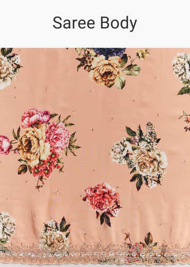 Peach Crepe Saree With Multicolor Floral Print And Embroidered Border