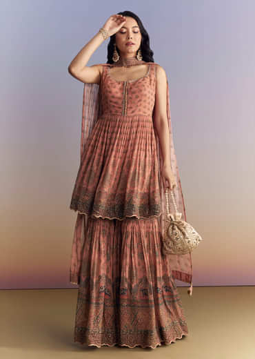 Peach Crepe Sharara Suit With Indie Print And Stone Work