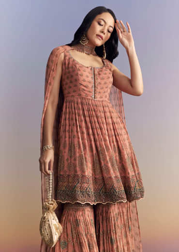 Peach Crepe Sharara Suit With Indie Print And Stone Work
