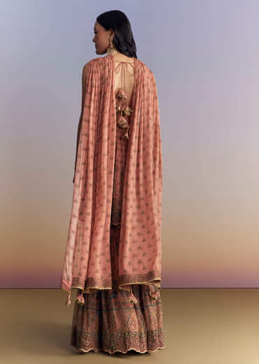 Peach Crepe Sharara Suit With Indie Print And Stone Work