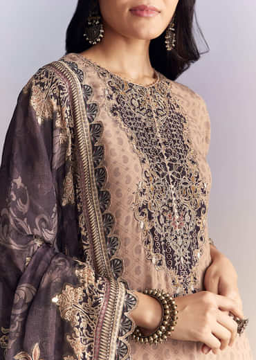 Peach Crepe Sharara Suit With Paisley Print And Zari Work