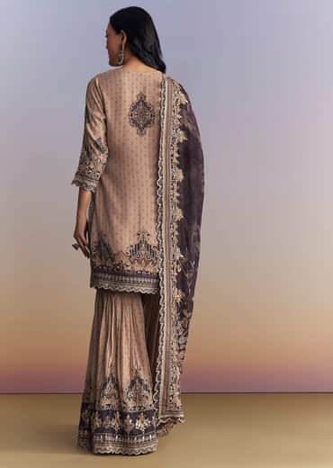 Peach Crepe Sharara Suit With Paisley Print And Zari Work