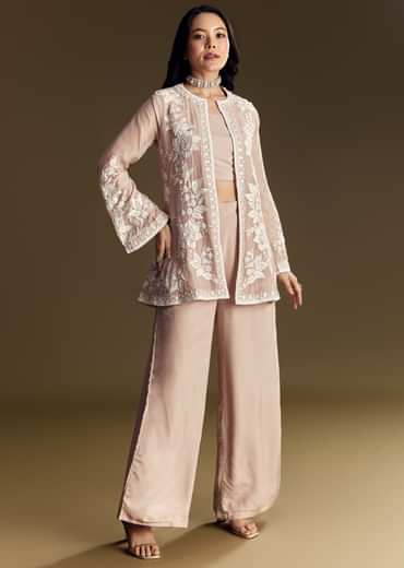 Peach Crop Top Set With Embroidered Organza Jacket