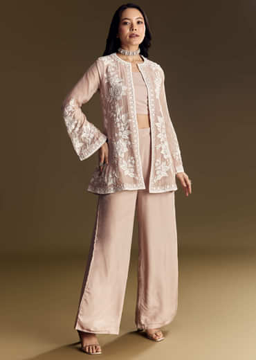 Peach Crop Top Set With Embroidered Organza Jacket