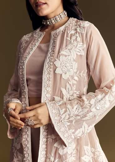 Peach Crop Top Set With Embroidered Organza Jacket