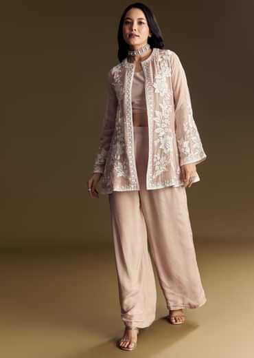 Peach Crop Top Set With Embroidered Organza Jacket