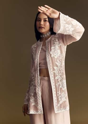 Peach Crop Top Set With Embroidered Organza Jacket