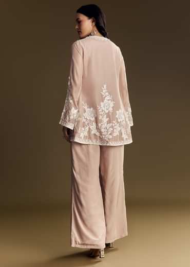 Peach Crop Top Set With Embroidered Organza Jacket