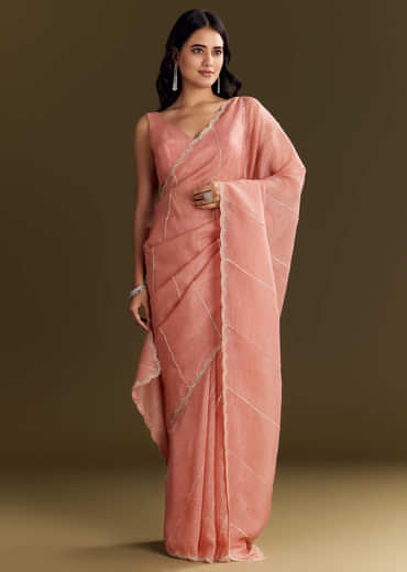 Peach Crush Tissue Saree With Cutdana And Beads Scallop Border