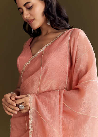 Peach Crush Tissue Saree With Cutdana And Beads Scallop Border