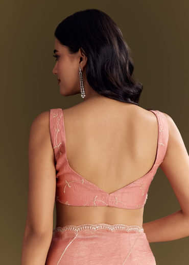 Peach Crush Tissue Saree With Cutdana And Beads Scallop Border