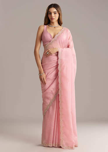 Peach Crush Tissue Saree With Scallop Border Embroidery
