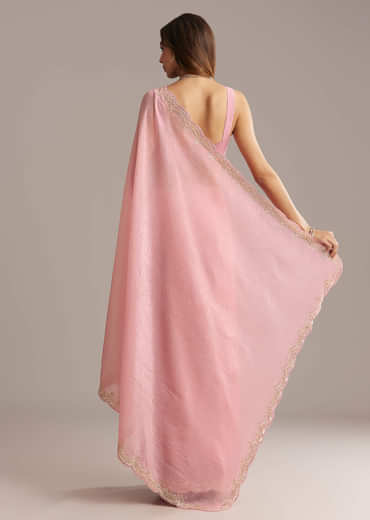 Peach Crush Tissue Saree With Scallop Border Embroidery