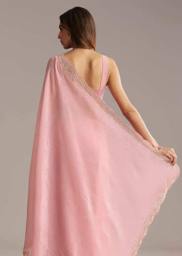 Peach Crush Tissue Saree With Scallop Border Embroidery