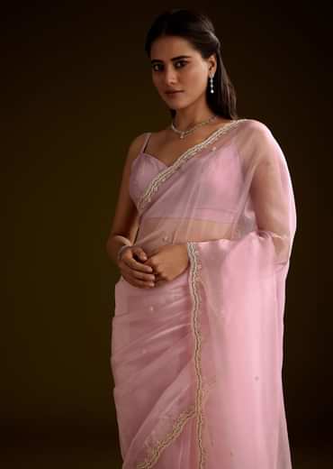 Peach Crush Tissue Saree With Stone And Moti Embroidery And Scallop Border