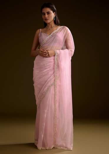 Peach Crush Tissue Saree With Stone And Moti Embroidery And Scallop Border