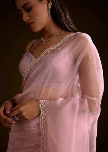 Peach Crush Tissue Saree With Stone And Moti Embroidery And Scallop Border