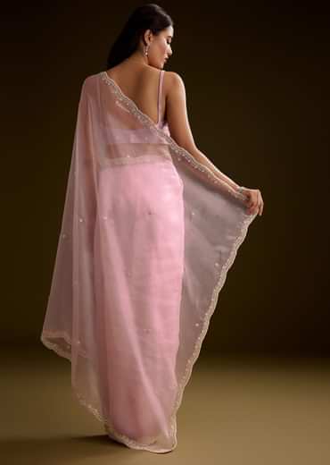 Peach Crush Tissue Saree With Stone And Moti Embroidery And Scallop Border