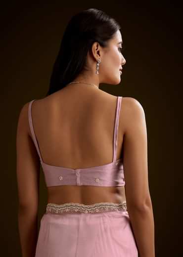 Peach Crush Tissue Saree With Stone And Moti Embroidery And Scallop Border