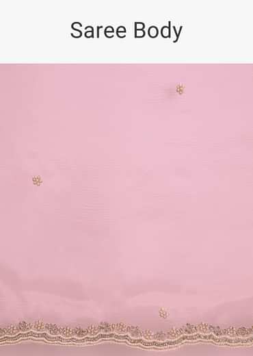 Peach Crush Tissue Saree With Stone And Moti Embroidery And Scallop Border