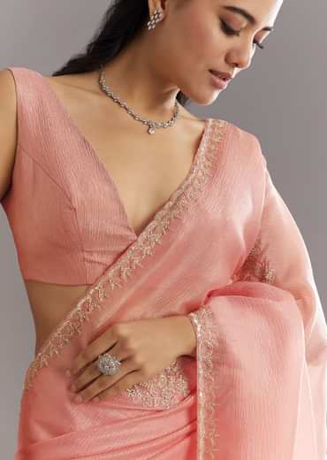 Peach Crushed Tissue Saree With Cutdana And Sequins Embroidery
