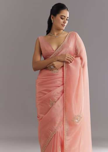 Peach Crushed Tissue Saree With Cutdana And Sequins Embroidery