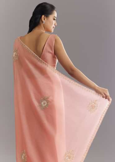 Peach Crushed Tissue Saree With Cutdana And Sequins Embroidery