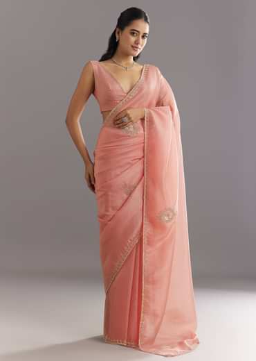 Peach Crushed Tissue Saree With Cutdana And Sequins Embroidery